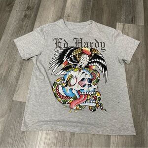 Ed Hardy Rhinestone Skull Eagle Grey T-Shirt Men's Size (XL)